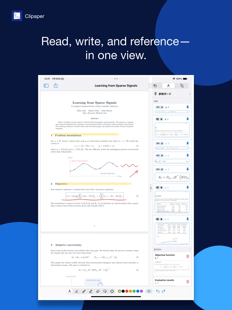 Clipaper annotating a PDF alongside the reference board