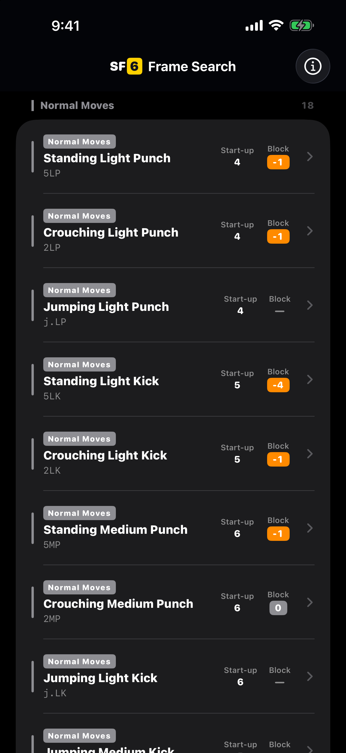 Character move list and a move’s frame detail