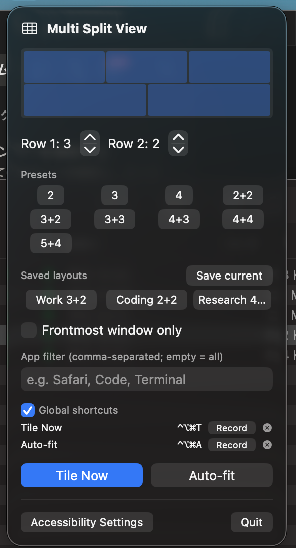 The menu-bar panel with presets and live preview