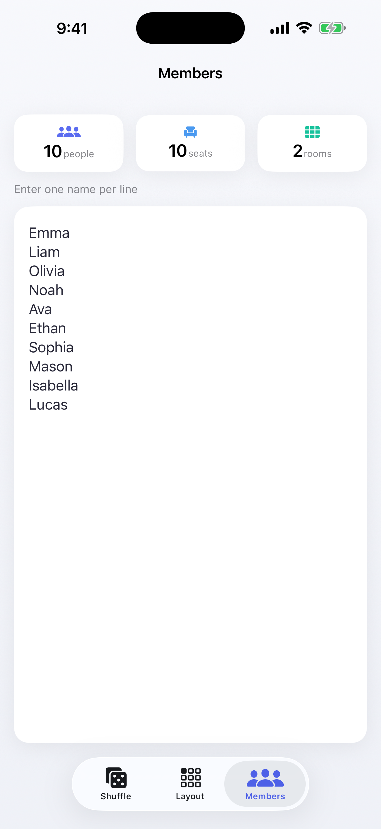 Member list with people and seat counts